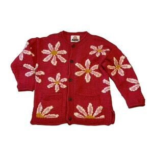 AMANO Cardigan Sweater Size Medium Pink Floral Handmade Handknit
